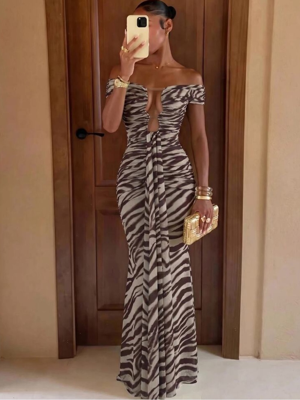 Lumalex Brown Zebra Print Asymmetrical Underwire Off Shoulder Ruched Ribbon Dres